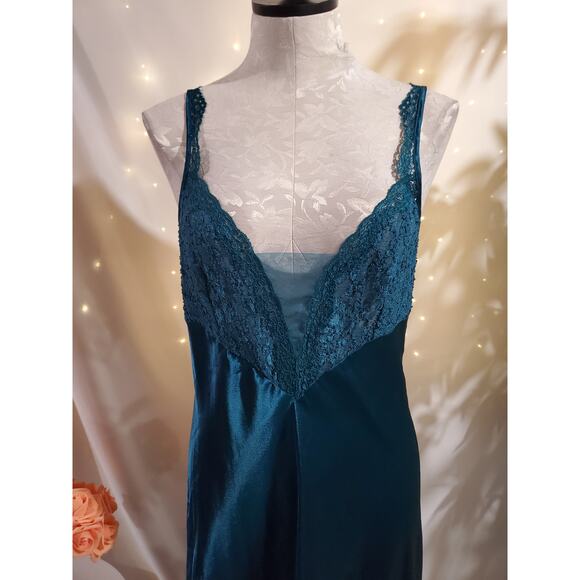 Vtg Victorias Secret Gold Label Satin Lace Maxi Chemise Slip Dress Size M Blue - Picture 5 of 12